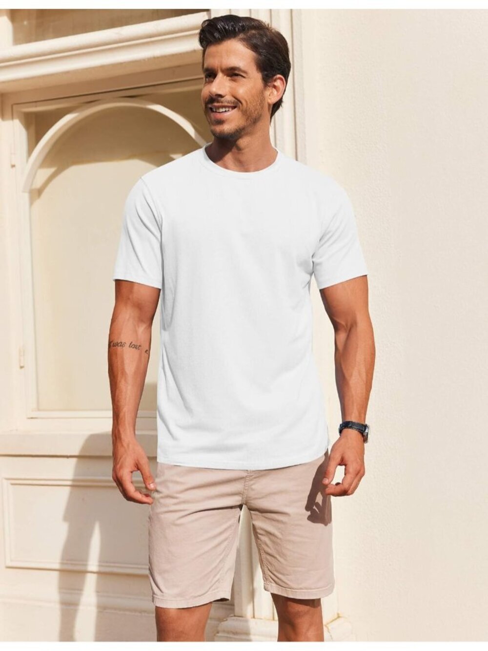Men's White T-Shirt Short Sleeve Cotton Blend Crew Neck Casual Summer Basic Tee - Picture 2 of 6